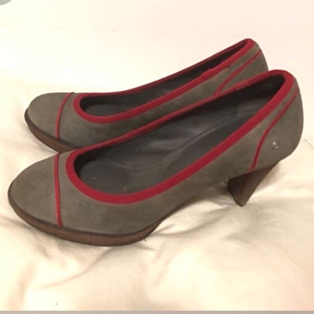 Gray and red chunky heels.